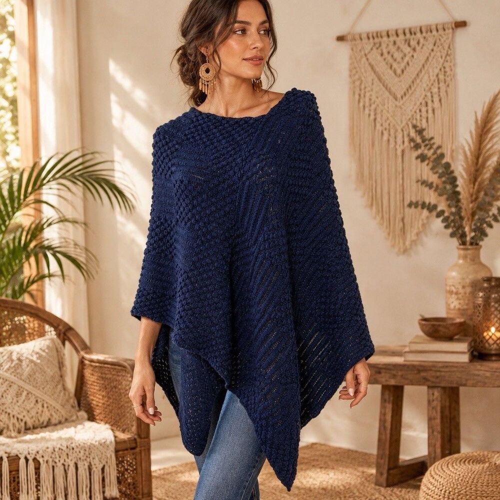Chico’s Women’s L/XL Navy Blue Textured Knit Poncho Sweater NWT Boho